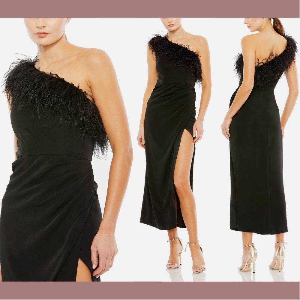 NEW Mac Duggal [ 10‎ ] Feather Trim One Shoulder Draped Dress Black